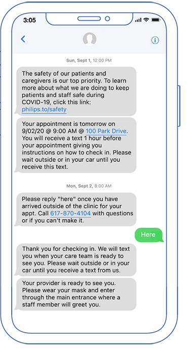 Ecr&atilde; do telem&oacute;vel com o Gestor de pacientes Philips a mostrar os passos para orientar um paciente, come&ccedil;ando pela prepara&ccedil;&atilde;o pr&eacute;-consulta